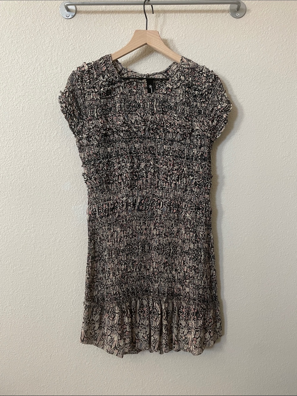 Isabel Marant Silk Printed Cap Sleeve Shirred Texture Ruffled Hem Mini Dress 2